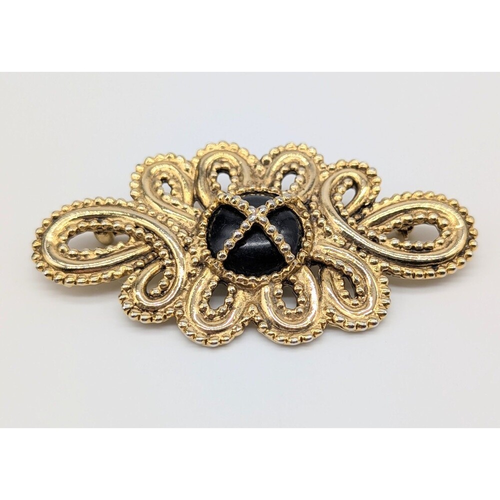 Gold Tone Filigree Bow Brooch Pin Black Acrylic Cabochon 2.75" Victorian Style